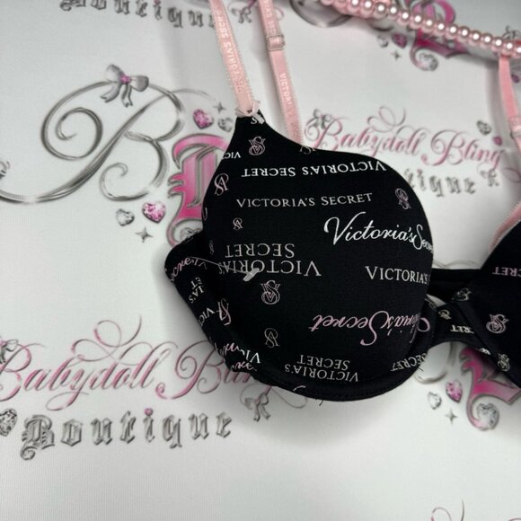 Victoria secret bra logo print black pink writing rare all over logo straps - Picture 2 of 6
